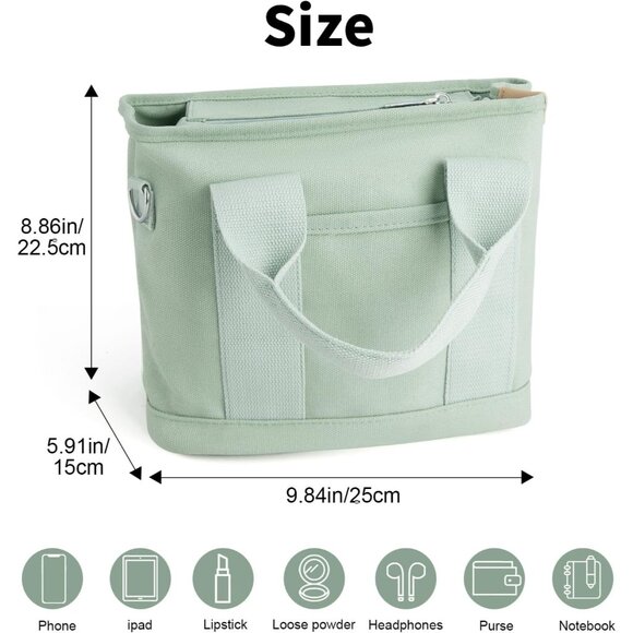 Women's Green Canvas Tote Bag With Multi Pockets Mini Shoulder Bags With Zipper - Picture 2 of 6